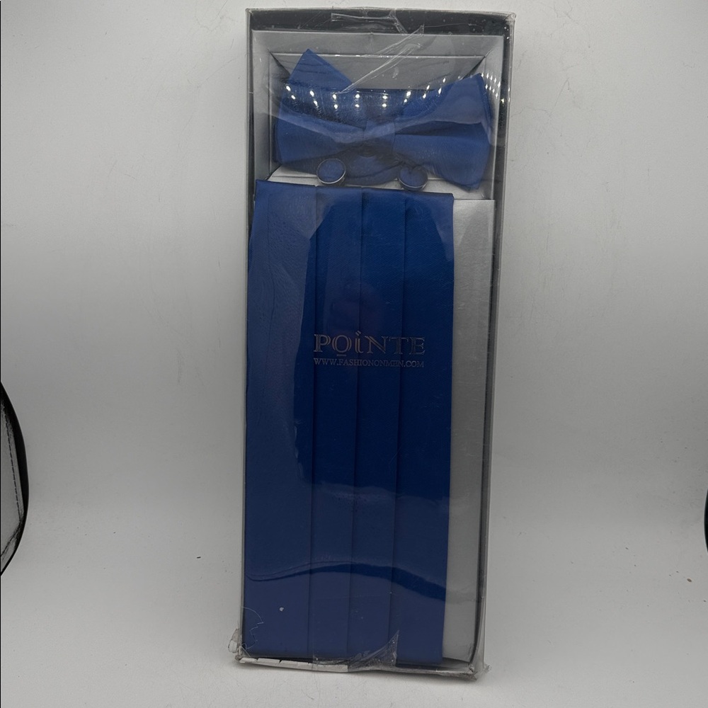 Pointe Royal Blue silk cummerbund bow tie cuff links formal wear mens  new